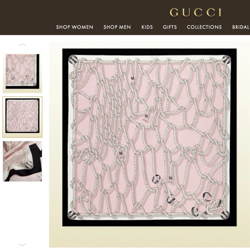 New Gucci Silk Scarf Pink Ropes Print Black Border Silk Wrap Scarf - Picture 4 of 15